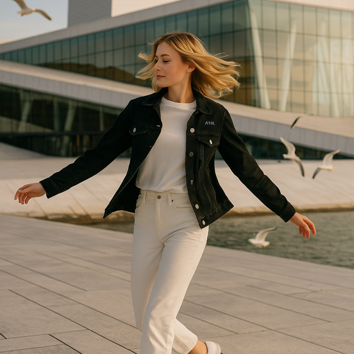 Woman in black jacket and white pants walking on a wooden boardwalk with modern architecture and birds in the background.